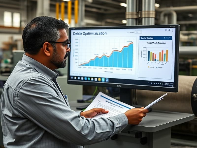 Production planner reviewing deckle optimization